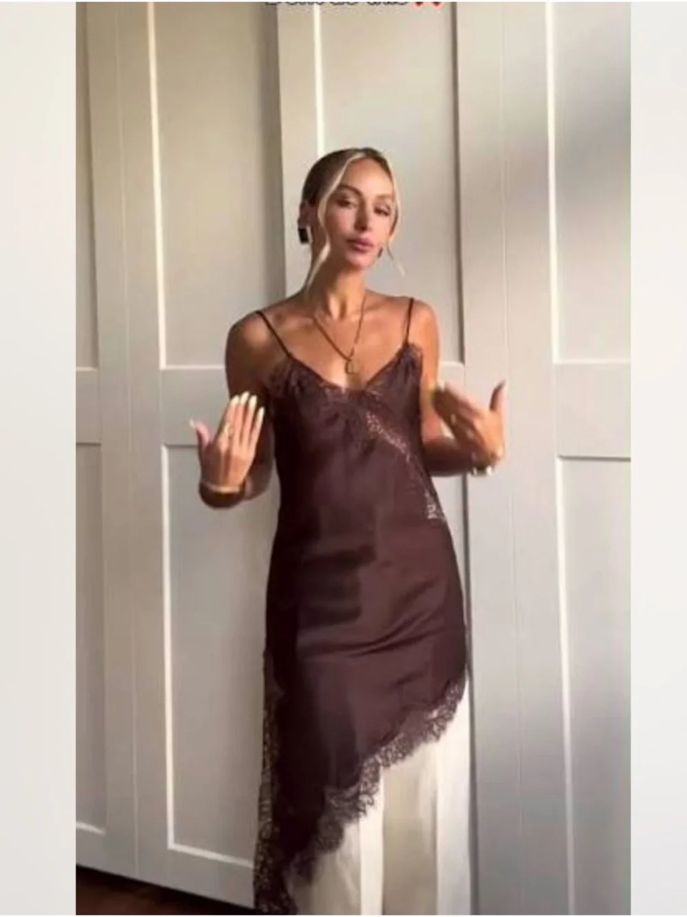 ZARA Satin Effect Chocolate Brown Lace Trim Asymmetric Slip Dress NWT - Picture 12 of 16